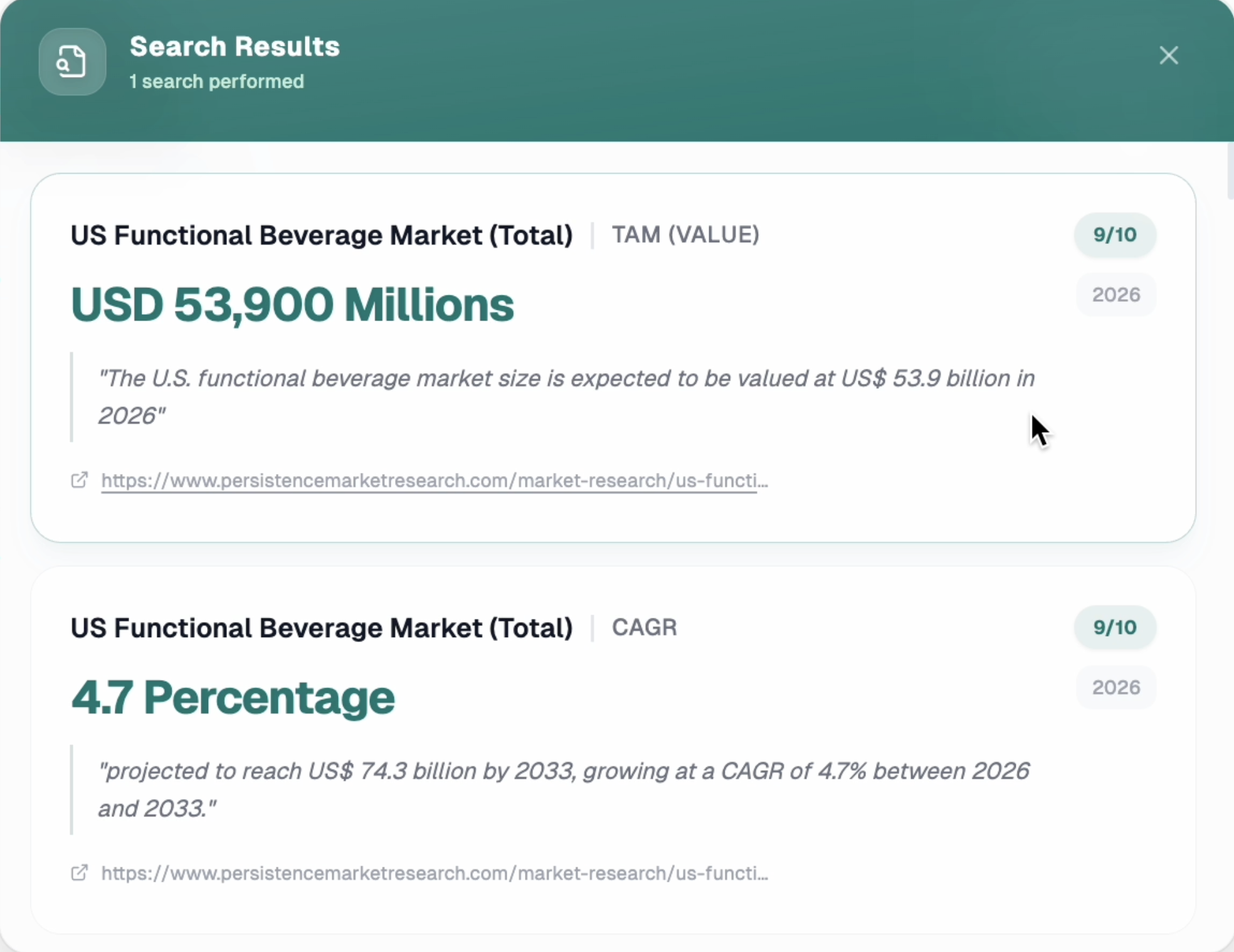 WinningStrategy.ai performing correct market sizing with traceable sources